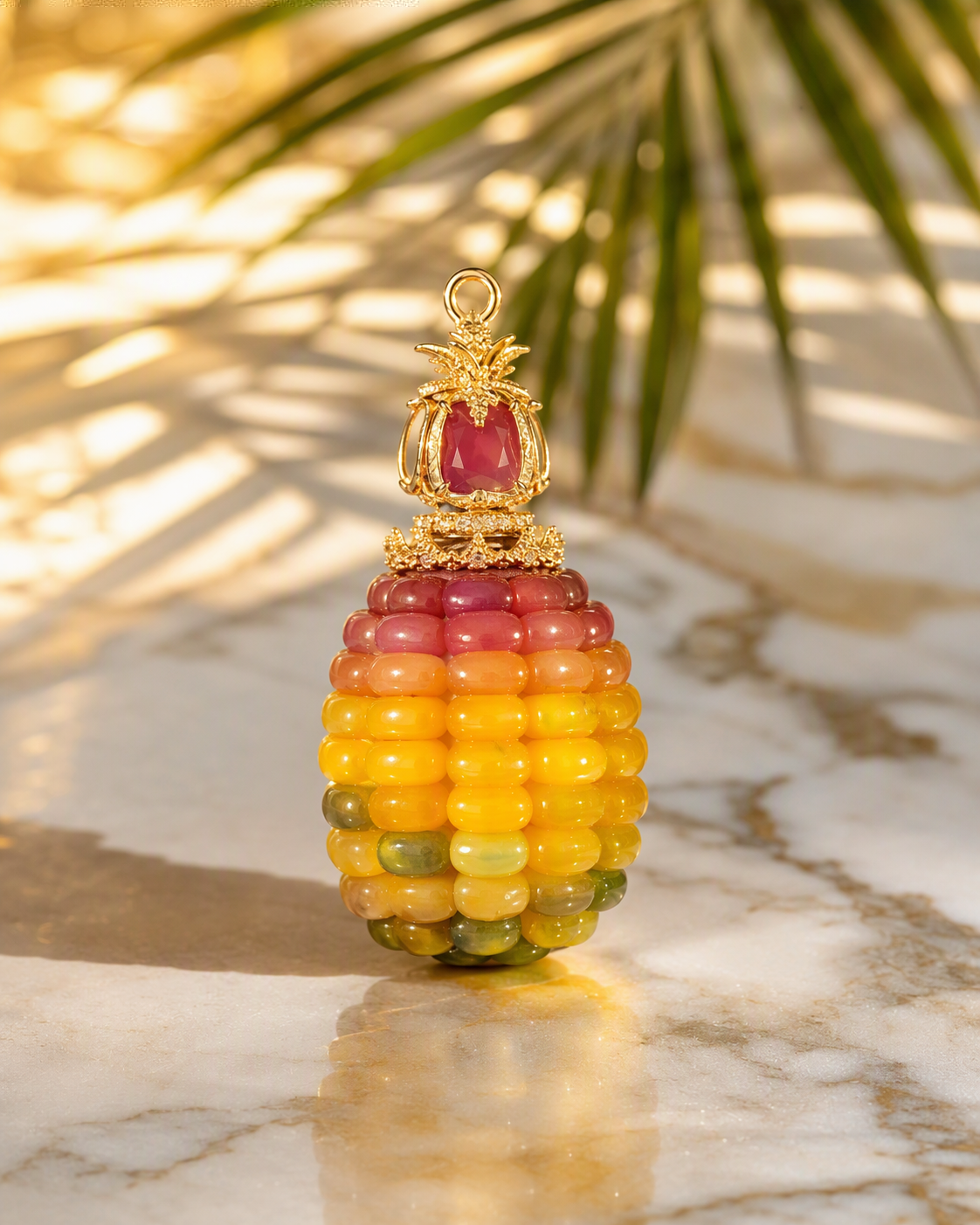 "May wealth flow in" - a short, plump mango and corn ornament.